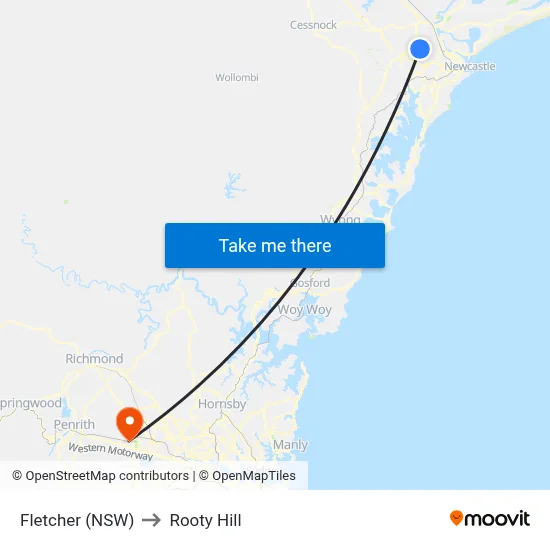 Fletcher (NSW) to Rooty Hill map