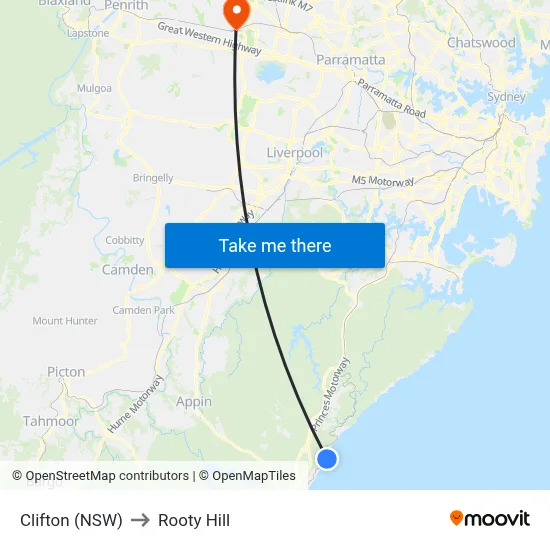 Clifton (NSW) to Rooty Hill map
