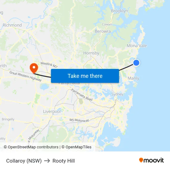 Collaroy (NSW) to Rooty Hill map