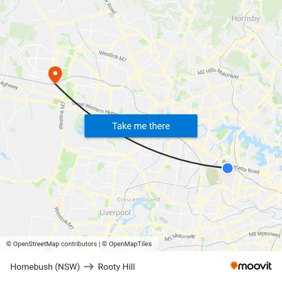 Homebush (NSW) to Rooty Hill map