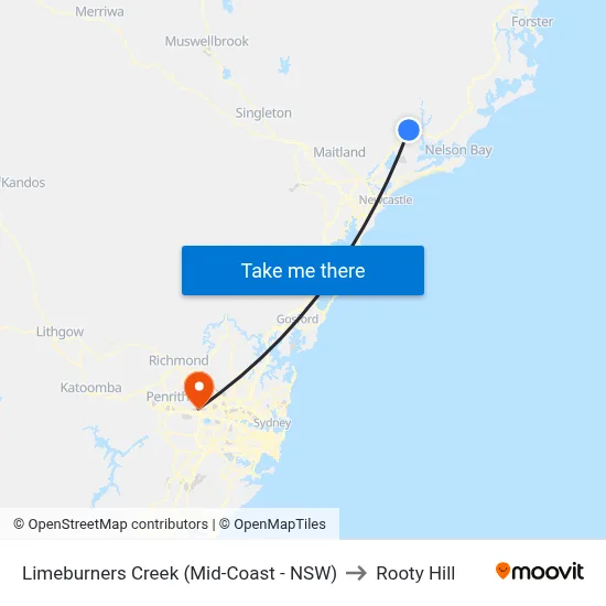 Limeburners Creek (Mid-Coast - NSW) to Rooty Hill map