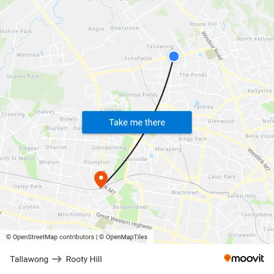 Tallawong to Rooty Hill map
