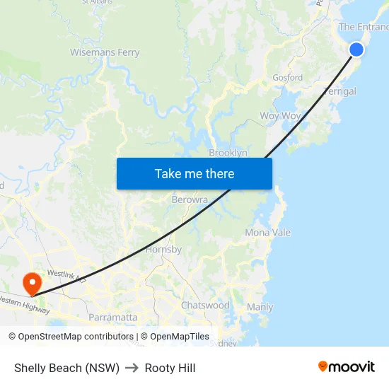 Shelly Beach (NSW) to Rooty Hill map