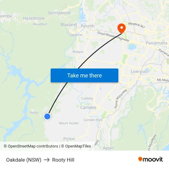 Oakdale (NSW) to Rooty Hill map