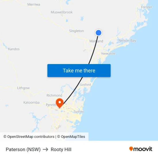 Paterson (NSW) to Rooty Hill map