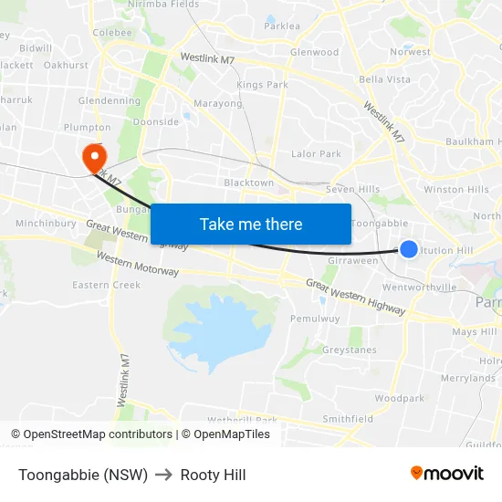 Toongabbie (NSW) to Rooty Hill map