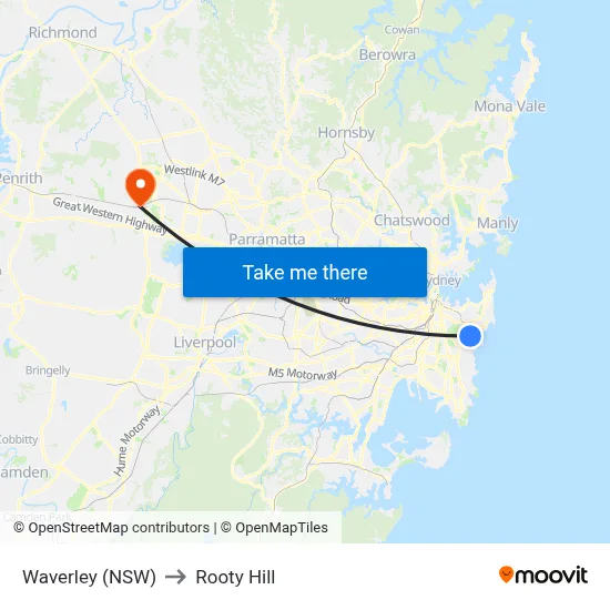 Waverley (NSW) to Rooty Hill map