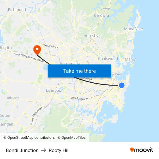 Bondi Junction to Rooty Hill map