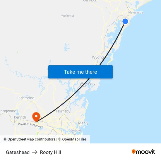 Gateshead to Rooty Hill map