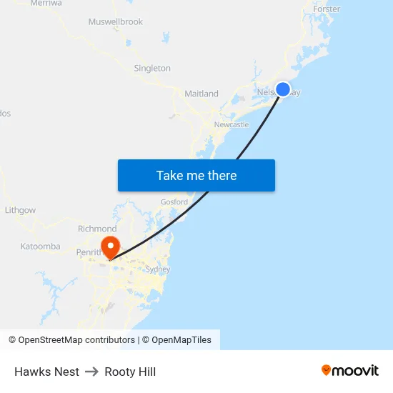Hawks Nest to Rooty Hill map