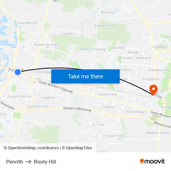 Penrith to Rooty Hill map