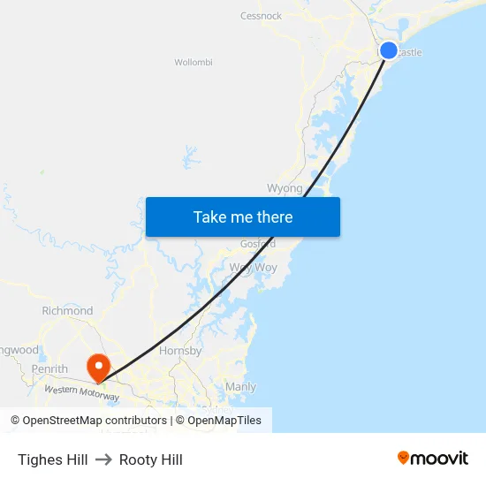 Tighes Hill to Rooty Hill map