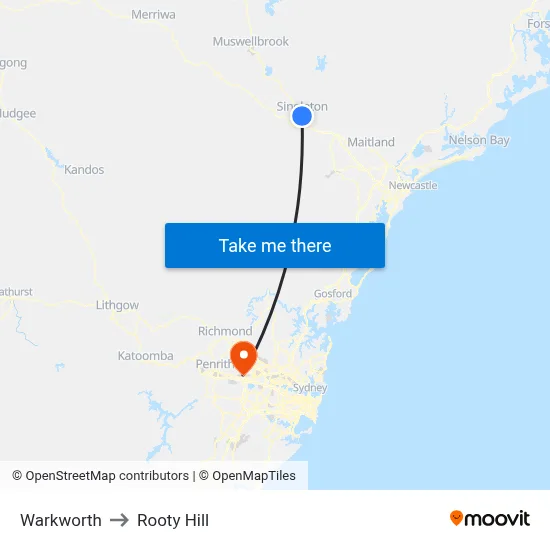 Warkworth to Rooty Hill map