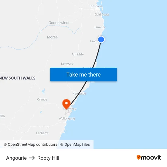 Angourie to Rooty Hill map