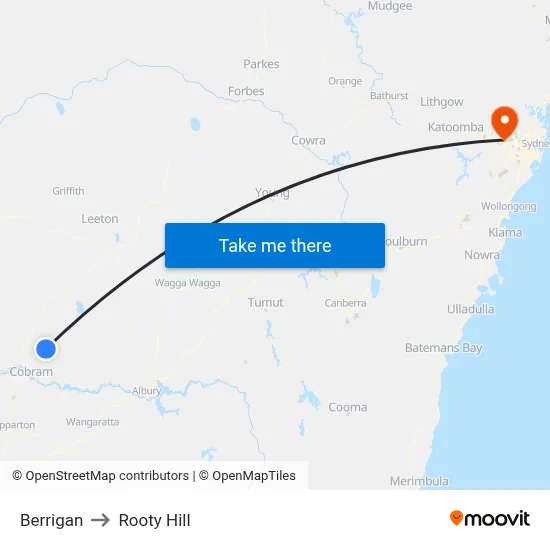 Berrigan to Rooty Hill map