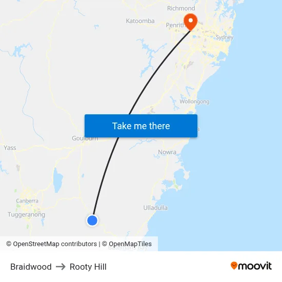 Braidwood to Rooty Hill map