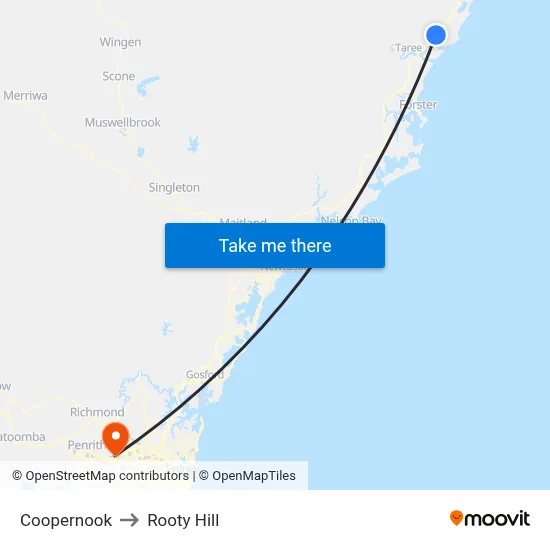 Coopernook to Rooty Hill map