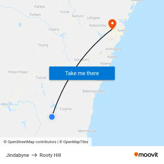 Jindabyne to Rooty Hill map