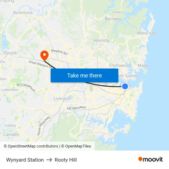 Wynyard Station to Rooty Hill map