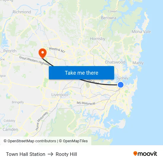 Town Hall Station to Rooty Hill map