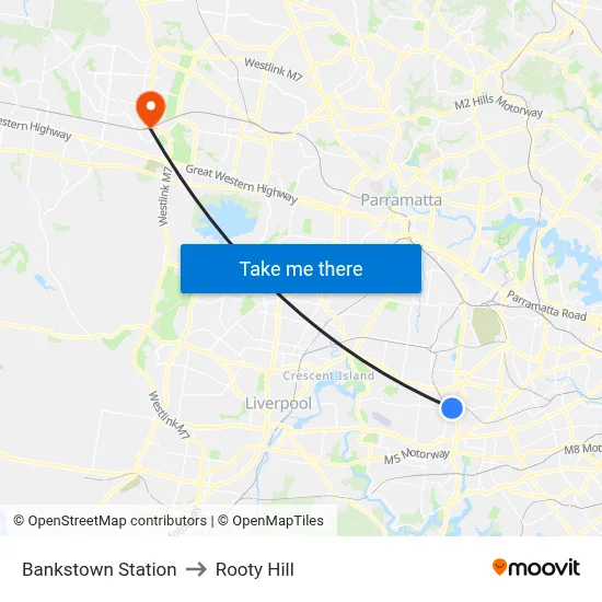 Bankstown Station to Rooty Hill map