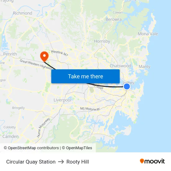Circular Quay Station to Rooty Hill map