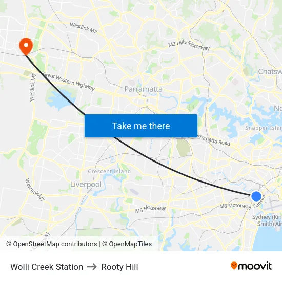 Wolli Creek Station to Rooty Hill map