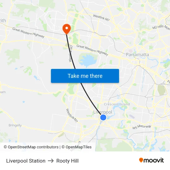 Liverpool Station to Rooty Hill map