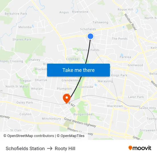 Schofields Station to Rooty Hill map
