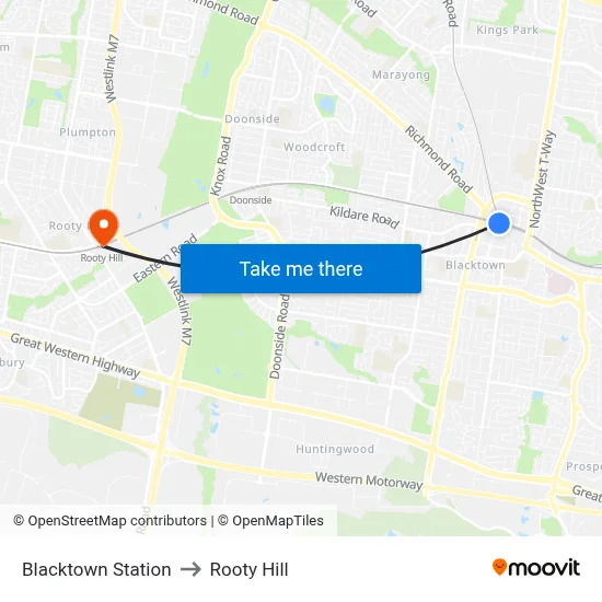 Blacktown Station to Rooty Hill map