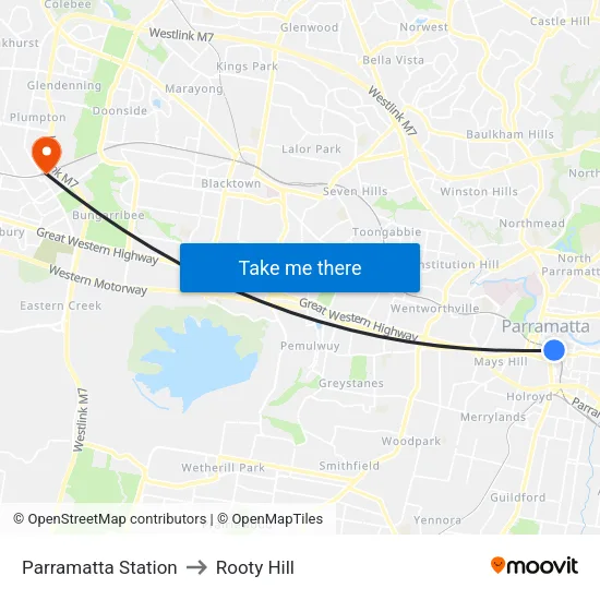 Parramatta Station to Rooty Hill map