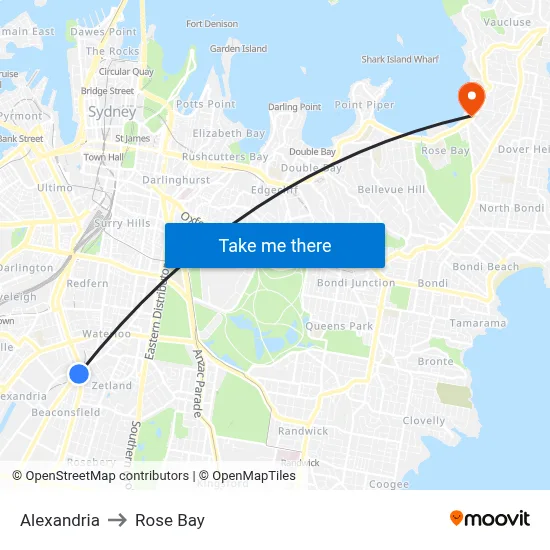 Alexandria to Rose Bay map