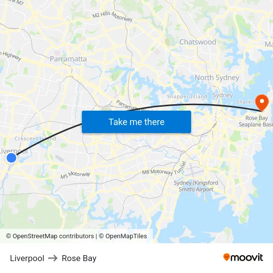 Liverpool to Rose Bay map