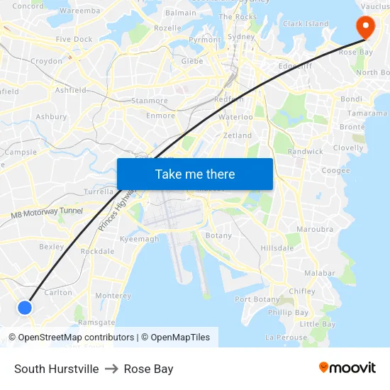 South Hurstville to Rose Bay map