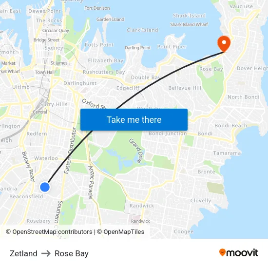 Zetland to Rose Bay map