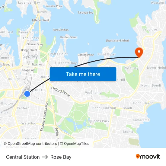 Central Station to Rose Bay map