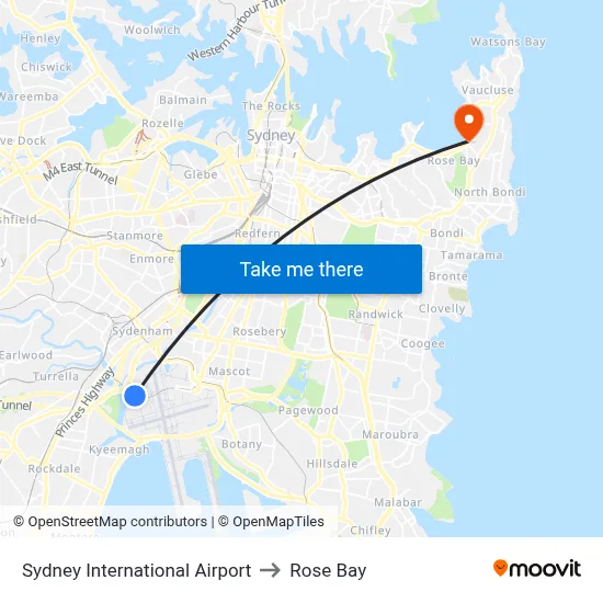 Sydney International Airport to Rose Bay map
