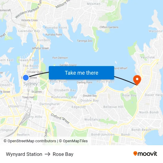 Wynyard Station to Rose Bay map