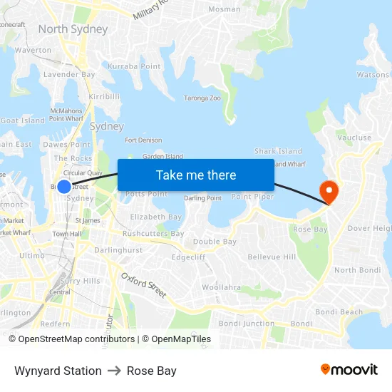 Wynyard Station to Rose Bay map