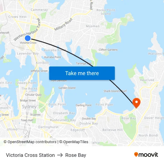 Victoria Cross Station to Rose Bay map