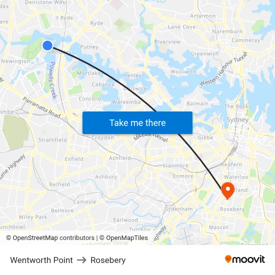 Wentworth Point to Rosebery map
