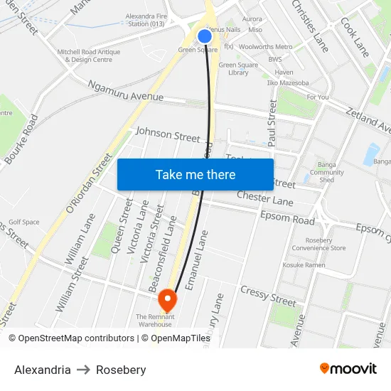 Alexandria to Rosebery map