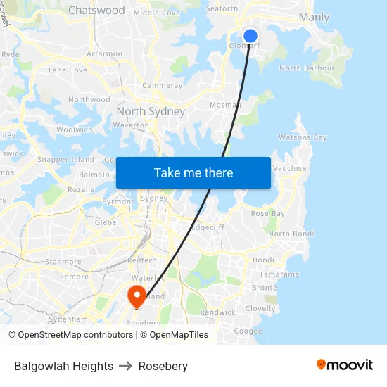 Balgowlah Heights to Rosebery map