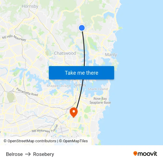 Belrose to Rosebery map