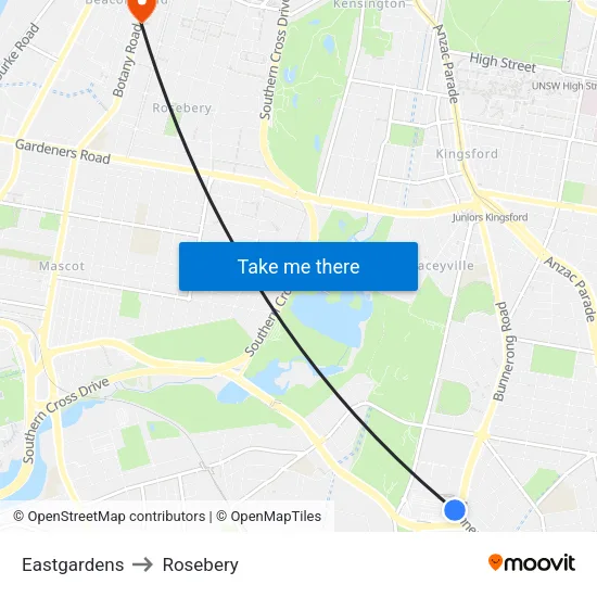 Eastgardens to Rosebery map