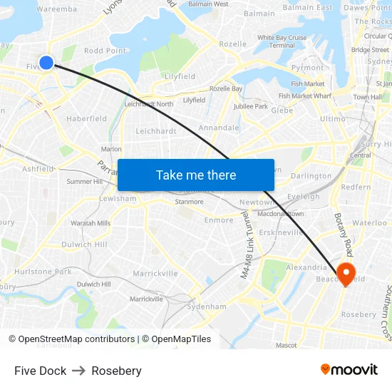 Five Dock to Rosebery map