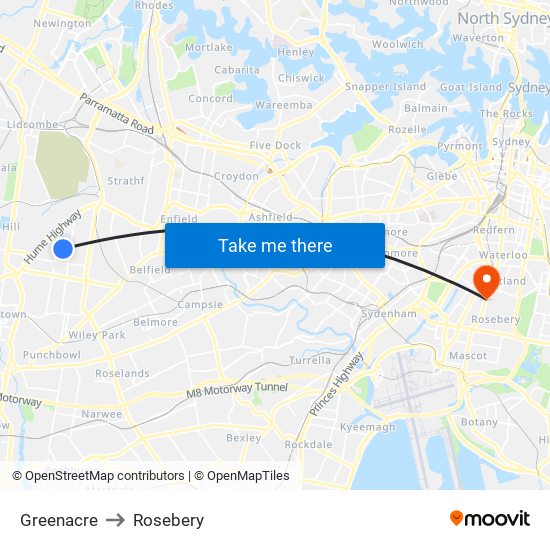 Greenacre to Rosebery map