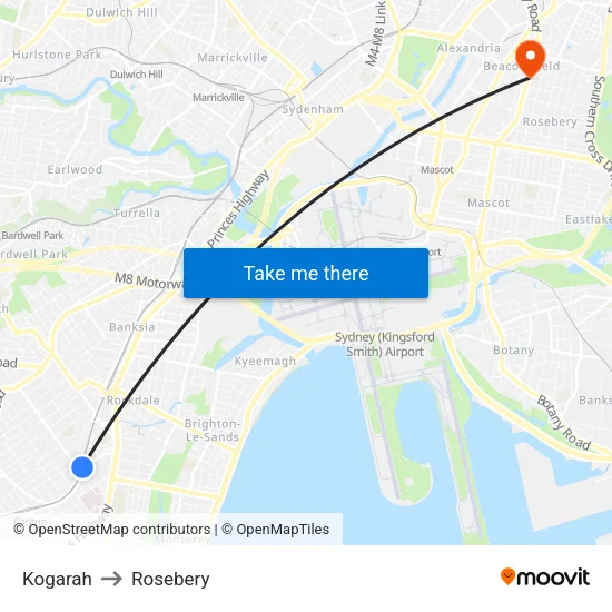 Kogarah to Rosebery map