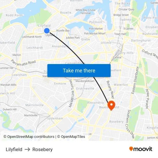 Lilyfield to Rosebery map