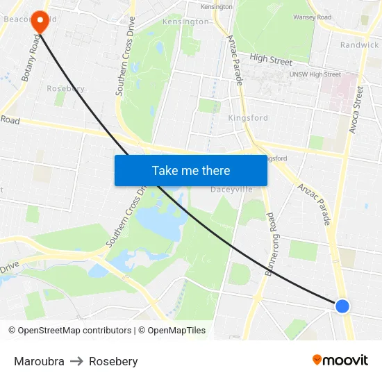 Maroubra to Rosebery map